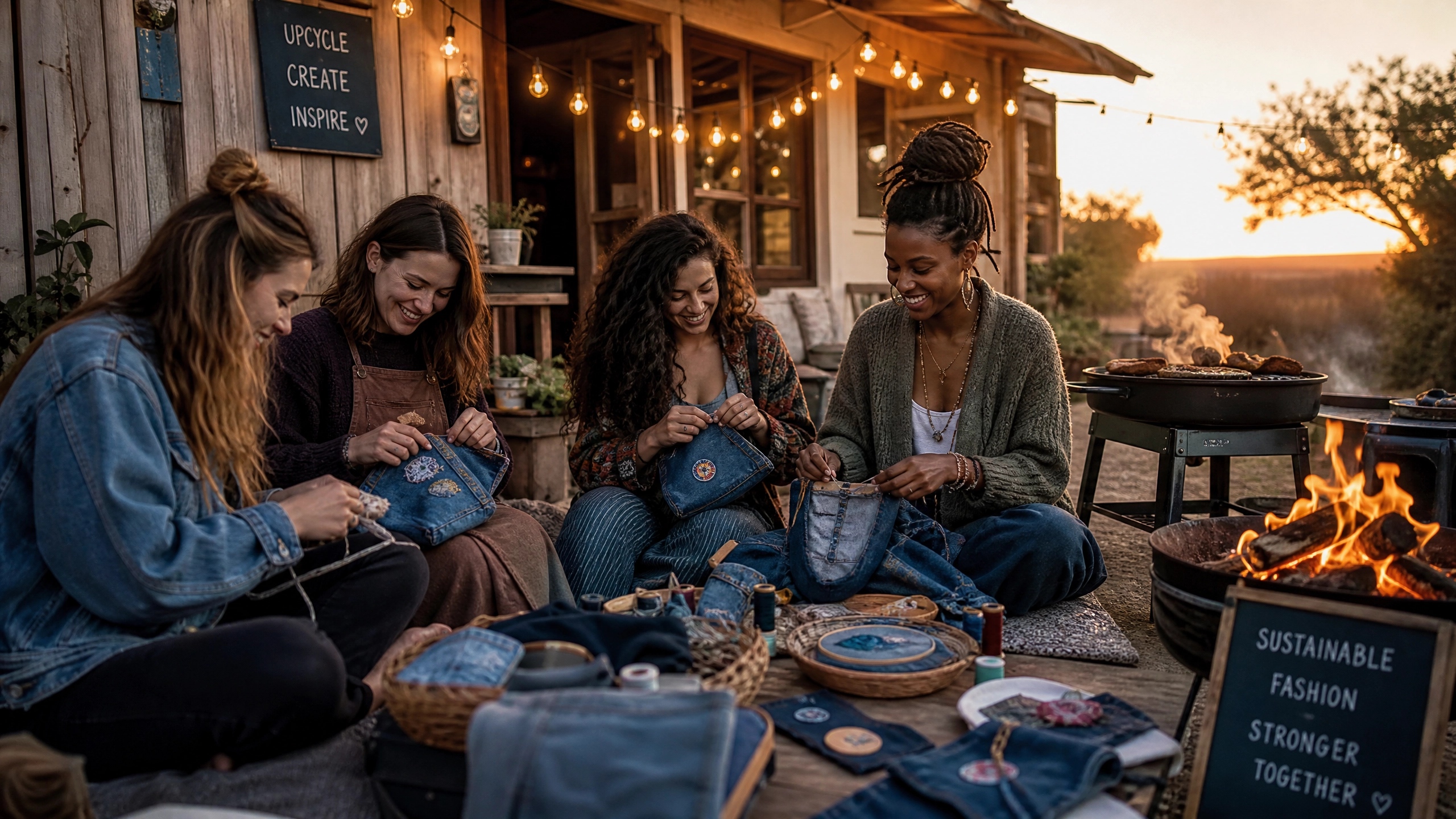 Grupo de mujeres creando bolsos vaqueros artesanales al atardecer